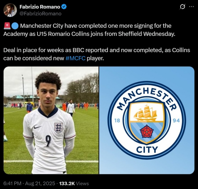 皇冠体育下载-青训引援+1，罗马诺：曼城从谢周三签下U15球员罗马里奥-科林斯